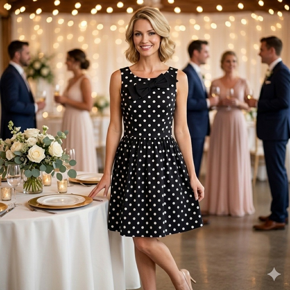 LC Lauren‎ Conrad Black White Polka Dot Bow Fit Flare Dress Womens Size 2 Retro